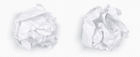 Crumple paper ball, white 3d crinkle trash vector isolated on transparent background. Waste scrunch garbage icon set. Realistic wrinkled page. Messy throw rumple grunge sheet. Mistake in documentのイラスト素材