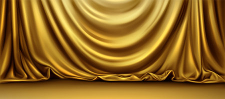 Realistic golden curtain background on stage. Vector illustration of silky cloth drape, decoration for theater performance, art concert, cinema award ceremony. Luxury satin texture, smooth materialのイラスト素材