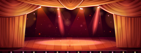 Theater concert stage with curtain cartoon scene background. Opera show spotlight in empty school hall for comedy performance. Open platform for opera play with magic bokeh sparkles light in centerのイラスト素材