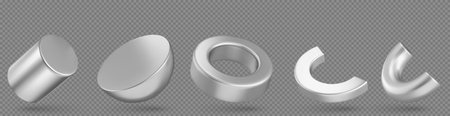 3d abstract different shapes objects. Metal figures, geometric forms of ring, cylinder, hemisphere, half of torus isolated on transparent background, vector realistic setのイラスト素材