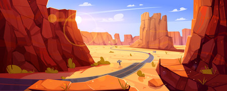 Grand canyon vector landscape illustration. Arizona national park desert with rock mountain and road traffic. Wild outdoor western gorge and unbelievable journey in US landmark with arid terrainのイラスト素材