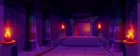 Dark dungeon in abandoned Egyptian palace. Vector cartoon illustration of corridor inside ancient template illuminated by fire, dust and spider web on pillars, mysterious neon hieroglyphs on wallsのイラスト素材