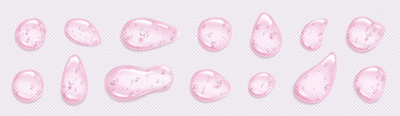 Liquid drops of gel, cosmetic serum or soap. Swatches of clear beauty product, pink skincare gel in top view isolated on transparent background, vector realistic illustrationのイラスト素材