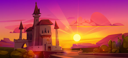 Medieval Europe tower castle with bridge on sunset cartoon background. France fortress construction for kingdom protection landscape illustration. Citadel fortification facade and skyline viewのイラスト素材