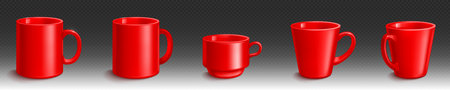 Red ceramic coffee mug vector mockup template. Isolated realistic porcelain tea and espresso cup on transparent background. Top view empty clean cappuccino mat dishes for restaurant advertisingのイラスト素材
