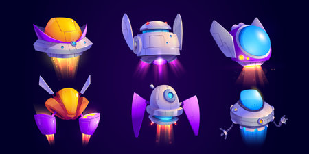 Alien spaceship cartoon game vector icon set. Ufo shuttle cute fantasy illustration. Colorful space ship ui asset collection. Travel transport for cosmos flight. Futuristic scifi galaxy vehicleのイラスト素材