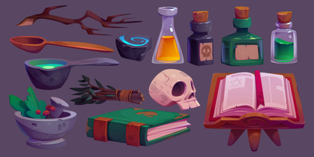 Magic potions, spell books, herbs icons for game or halloween decor. Witch or wizard alchemy laboratory stuff with bottles with poisons, skull, mystic books, vector cartoon setのイラスト素材