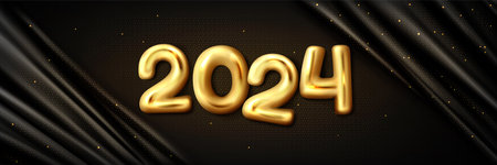 2024 Happy New Year greeting vector. Gold party typography design template with 3d balloon number on...
