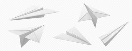 Realistic set of 3D paper planes isolated on transparent background. Vector illustration of origami toy aircraft flying in air. Symbol of message chat, social media communication, travel. Emoji designのイラスト素材