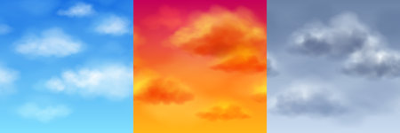 Realistic cloud sky seamless illustration vector set. Morning blue, orange sunrise and evening gray cloudy tile pattern. Cumulus fluffy square texture asset for computer game bright 3d design.のイラスト素材