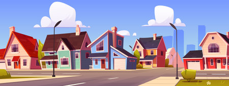 Suburban village street with house building vector cartoon landscape. Cottage and family apartment with garage in modern neighborhood with road intersection. Townhouse architecture side viewのイラスト素材