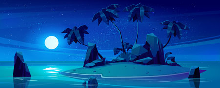 Uninhabited tiny tropical isle vector landscape at night. Dark small island with palm tree, rock and sand beach concept with dark starry sky and full moon light cartoon background. Calm ocean waterのイラスト素材