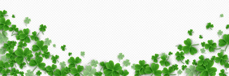 Clover shamrock 3d vector irish pattern. St Patrick day realistic green border for banner with leaf confetti. Isolated on transparent background. Four lucky grass leaves symbol for advertisingのイラスト素材