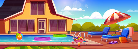 Swimming pool on house summer backyard cartoon illustration. Poolside vacation on back yard lounge place. Parasol, fruits and lifebuoy in water scene. Luxury outdoor villa design on sunny day.のイラスト素材