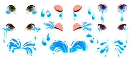 Cartoon comic tear splash and eye vector icon set. Cry water stream illustration isolated on white background. Despair expression with liquid weeping drawing collection. Grief or pain emoticon conceptのイラスト素材
