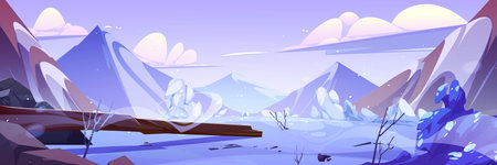 Winter mountain and sky landscape illustration. Log on snow scenery icy alps cartoon panorama background. Cold nature horizon on snowy season. Alpie adventure valley environment frozen design.のイラスト素材