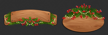 Christmas wood sign board with fir and red berries. Realistic winter wooden nail signboard frame with evergreen xmas theme design. Isolated 3d title label illustration with pine decoration and garlandのイラスト素材