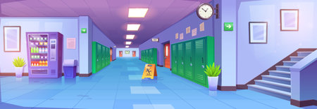 School corridor interior cartoon background. College hallway vector illustration with metal locker, stairs, door and slippery floor sign. Contemporary vending machine with snack in university campus.のイラスト素材
