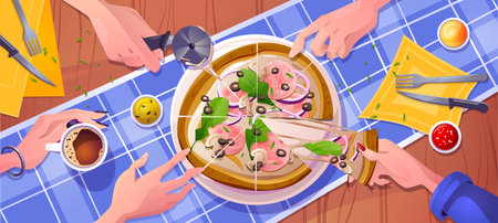Pizza top view on table with dip sauce vector banner. Home baked italian food slice with cutter, knife, fork and runner on kitchen. Female hand taking tasty junk creamy piece in pizzeria for dinnerのイラスト素材