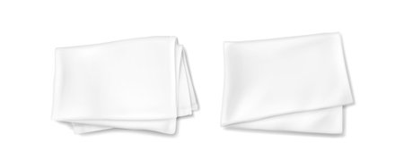 3d white mockup of kitchen towel vector design. Realistic fabric clean and folded handkerchief for restaurant or hotel isolated on background. Dry absorbent cloth cover cotton or linen setのイラスト素材