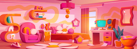 Y2k bedroom interior with daisy flower pillow vector background. Groovy pink room with bed, mirror, chamomile carpet and computer. Girly bright home decor with creative book shelf illustration.のイラスト素材