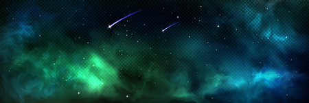 Green nebula galaxy background abstract sky light. Night aurora vector texture with star or comet...