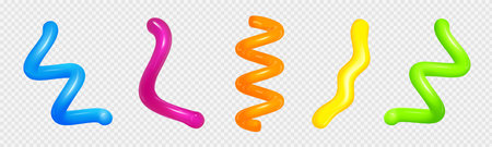 Realistic set of colorful 3D spiral lines isolated on transparent background. Vector illustration of abstract curvy design elements, glossy plastic tubes with paint inside, creative zigzag decorのイラスト素材