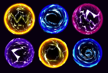 Cartoon electric lightning glow ball neon set. Magic energy sphere isolated on black background. Abstract spark element in blue, violet, yellow and pink color. Thunderbolt circle portal illustrationのイラスト素材