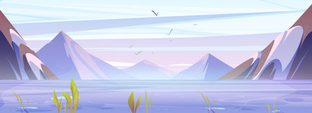 Mountain early morning landscape with lake view. Vector cartoon calm illustration of beautiful natural scene with rocky Alpine range, mist or haze under river, birds flying in clear pastel sky.のイラスト素材