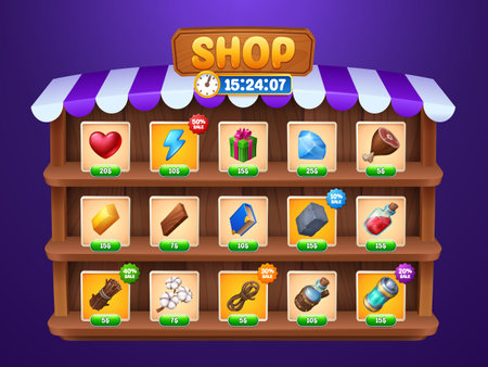 Game shop frame with assets on wooden shelves. Vector cartoon illustration of heart, gift box, diamond, golden bar, elixir bottle, cotton flower, rope, magic book icons. User interface element designのイラスト素材