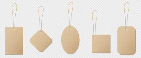 Kraft price tag label vector. Vintage brown cardboard with cord. Vintage empty craft paper design with twine ribbon for gift mockup. Isolated blank organic carton texture frame template collection.のイラスト素材