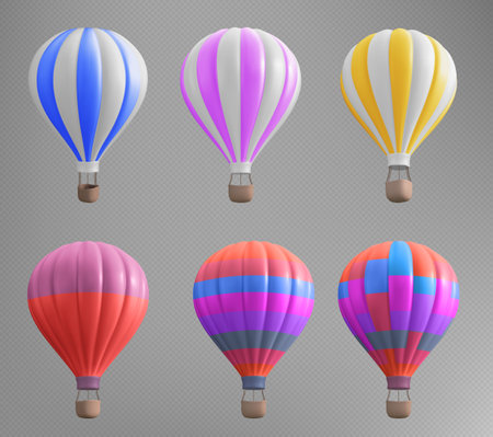 3d isolated hoy air balloon basket travel illustration on transparent background. Realistic aerostat set in red, blue and pink stripe for adventure and recreation. Summer ballooning leisure journeyのイラスト素材