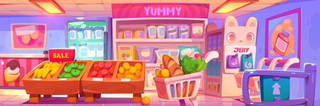 Cute kawaii grocery store interior vector background. Cartoon yummy retail supermarket with food on shelf and product display on rack with face. Full refrigerator with milk bottle and fruit on sale.のイラスト素材