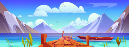 Pier on lake with mountain view cartoon landscape. Wooden dock on sea water with boat on rope picturesque travel background illustration. Scandinavian nature bay panorama with sunlight and cloudのイラスト素材
