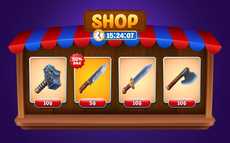 Ui game store frame with weapon icon and button. Mobile shop interface with knife, hammer, ax and sword in wooden box with tent to buy. Limited sale price time on board for user for tools selectionのイラスト素材