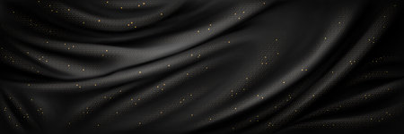 Abstract background with luxury black silk fabric with gold glitter. Texture of elegant dark cloth with gold shine, smooth satin drapery surface, vector realistic illustrationのイラスト素材