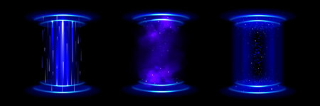 Magic portal, teleport with hologram effect. Circle futuristic podiums with blue neon light. Digital energy rings with glow, sparks and mist isolated on black background, vector realistic setのイラスト素材