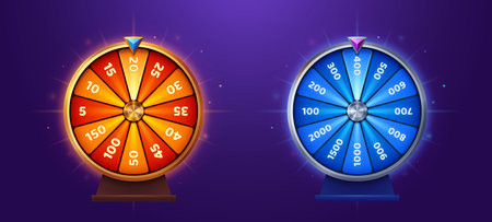 Ui lucky game spin with prize. Casino fortune wheel vector icon design. Win free gift in orange or blue roulette with luck. Turn lottery interface popup clipart collection for online app with bonusのイラスト素材
