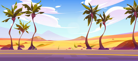 Sand desert road view palm tree landscape scene landscape background. Cartoon australian summer valley with path tropical design vector illustration. Empty straight pathway and dunes terrain pictureのイラスト素材