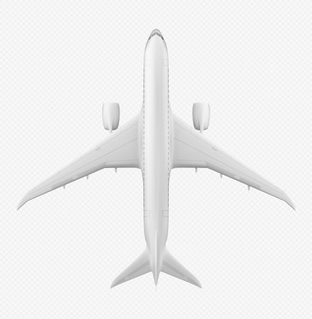 Top view of realistic 3D plane isolated on transparent background. Vector illustration of white aircraft for passenger, freight transportation, international mail delivery. Transport for travelのイラスト素材