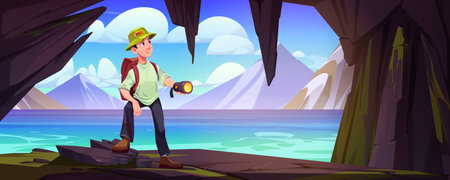 Mountain landscape from cave view with man inside vector background. Explorer character with backpack in grotto adventure near lake water. Male researcher looking for fantasy secret place illustrationのイラスト素材
