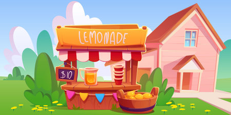 Cartoon green yard with lemonade stand. Vector illustration of rural house backyard, colorful small shop selling cool citrus drink on hot sunny day under blue sky with white clouds. Summer beverageのイラスト素材