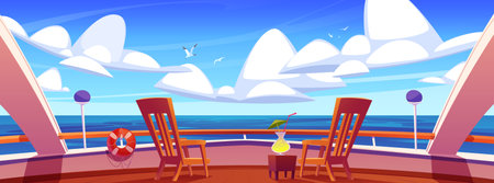 Cartoon yacht deck with beautiful sea view. Vector illustration of luxury cruise ship with wooden chairs for relax, cocktail glass on table, lifebuoy on railing, birds flying in sky. Summer voyageのイラスト素材