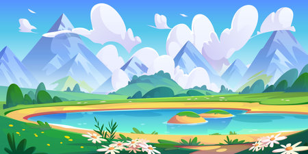 Lake and spring flower field mountain vector landscape. Cartoon nature scene with cloud, green grass and water. Cute picturesque outdoor alps environment with meadow and hill in park on sunny weather.のイラスト素材