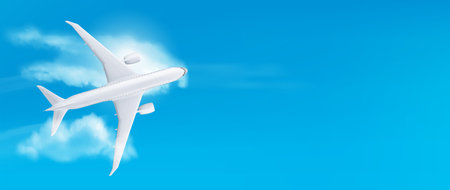 Realistic 3D plane flying on blue sky background. Vector illustration of white aircraft mockup for passenger, freight transportation, international mail delivery. Holiday travel banner templateのイラスト素材