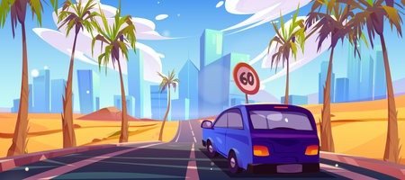Car on desert road vector background. Highway with city skyline and palm tree perspective view. Vehicle drive to Las Vegas on asphalt traffic way and sand nature landscape horizontal illustration.のイラスト素材
