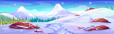Winter snow mountain landscape cartoon vector background. Journey horizon view from hill on scenery tree. North track road to forest in snowy wonderland valley with blizzard in xmas holiday seasonのイラスト素材