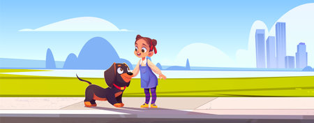 Girl with dog on summer city street near lake vector landscape. Cityscape with building, road, sidewalk and grass. Little kid citizen character with pet outdoor walk near pond cartoon illustration.のイラスト素材