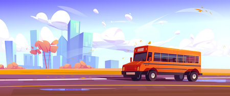 School bus on autumn city street illustration. Schoolchildren excursion transportation on road near skyscrapper exterior. Panoramic cityscape and flying orange leaves on puddle. Highschool transportのイラスト素材