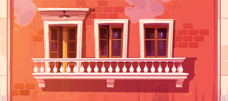 Classic white balcony with fence vector background. European handrail baluster on building terrace with open window. Retro empty lounge area facade with nobody. Lamp on outside patio with brick wallのイラスト素材